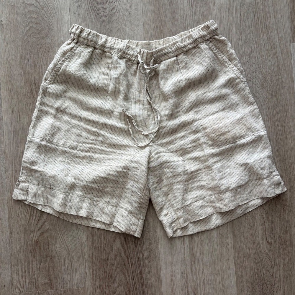 Poetry Linen Short Oatmeal Pinstripe Drawstring Waist US 8 Beach Vacation Resort